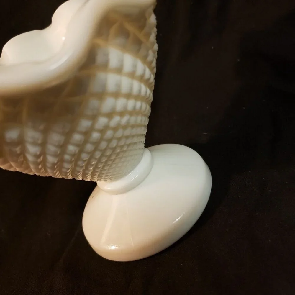 Vintage Milk Glass Diamond‎ Point Hobnail Vase Bowl Candy Dish Mid Century 4.5